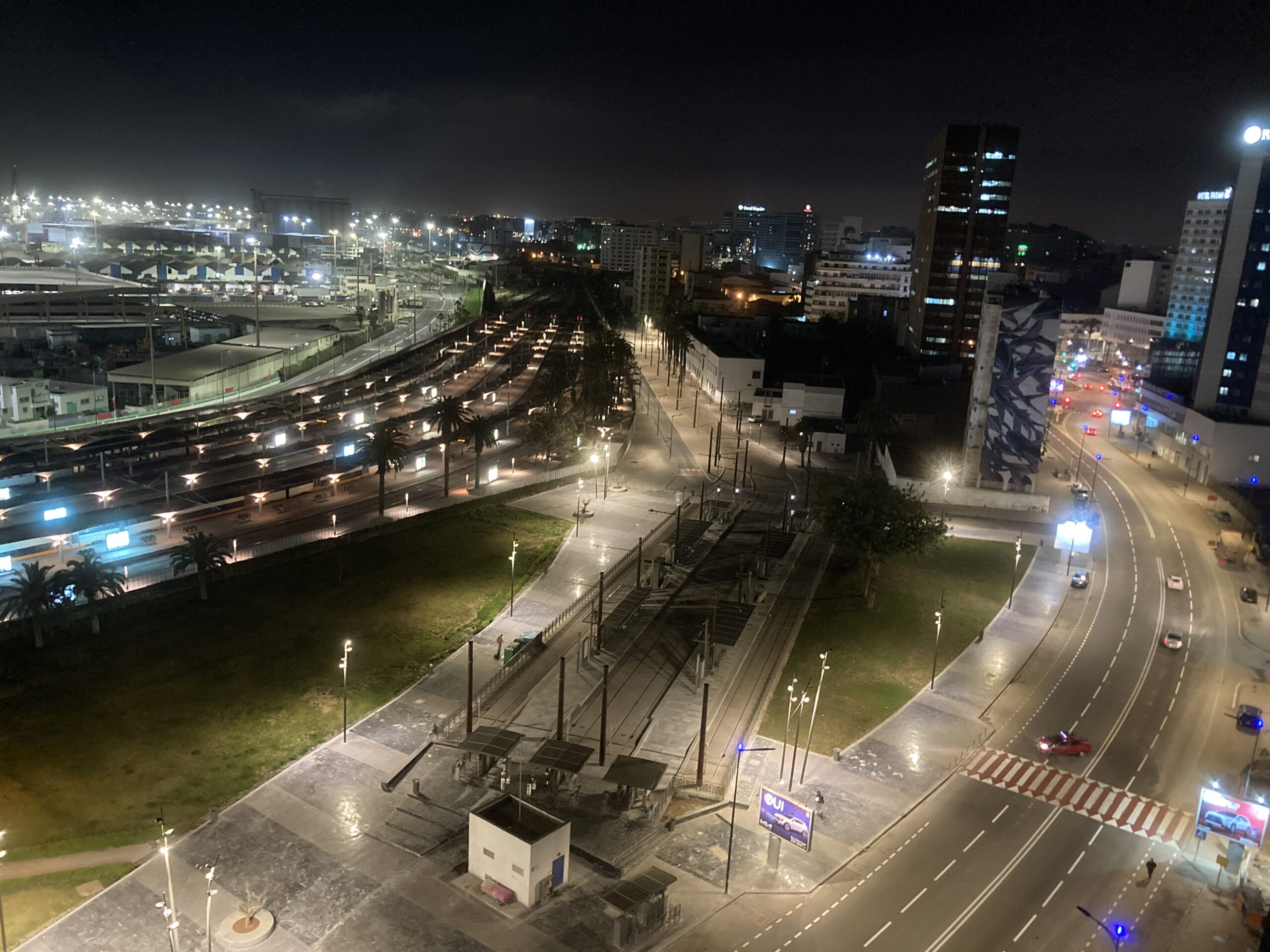 A view of the nighttime skyline looking from Boulevard Zayid Ou Hmal