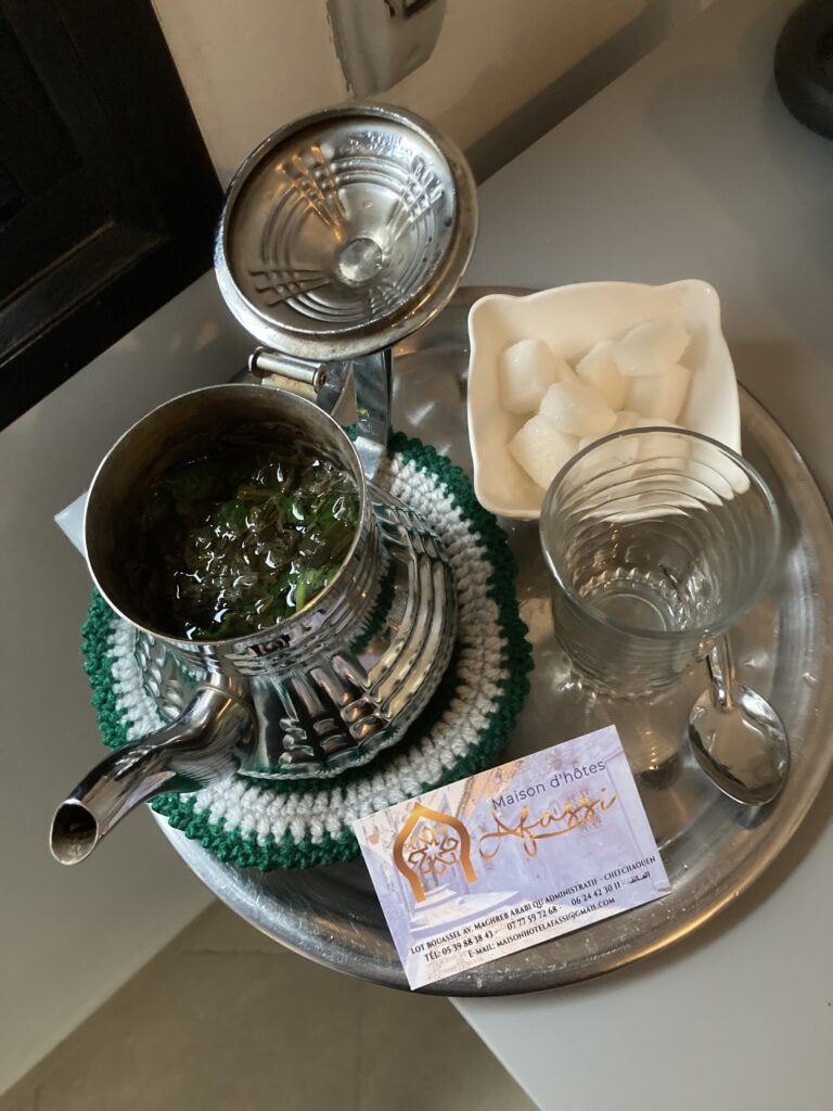 Mint tea served upon my arrival at the hotel, Maison d’hôtes Afassi in Chefchaouen