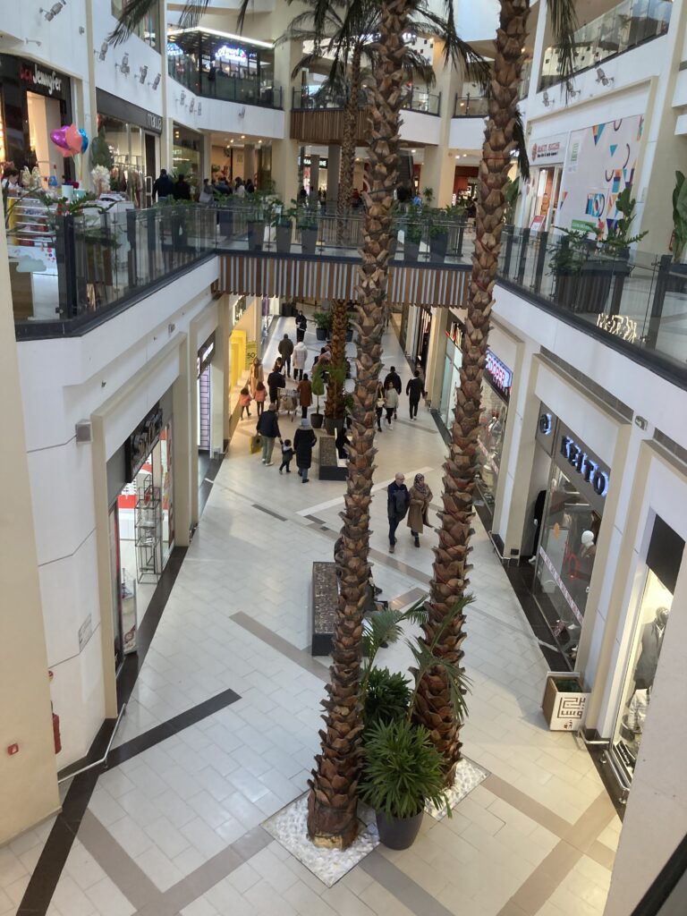 A view inside the mall, Centre Commercial Borj Fes with very tall palm trees inside.