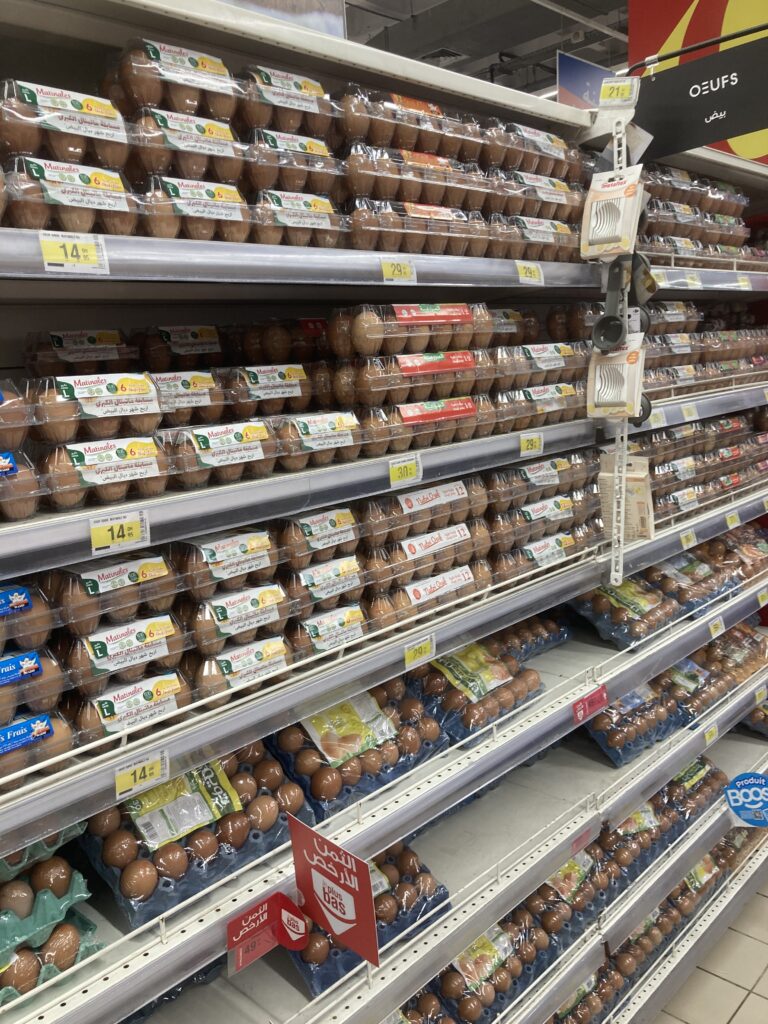 A view of an aisle of eggs, unrefrigerated, in the Carrefour Market in the Centre Commecial Borj Fes mall.