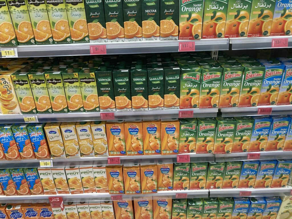 A view of shelves of orange juice in the Carrefour supermarket in the Borj Fes Mall.