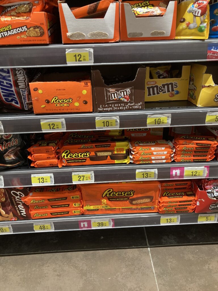 A view of Reese’s and M&Ms in a candy aisle in the Carrefour supermarket on Boulevard Mohammed Abdelkaraim El Khattabi