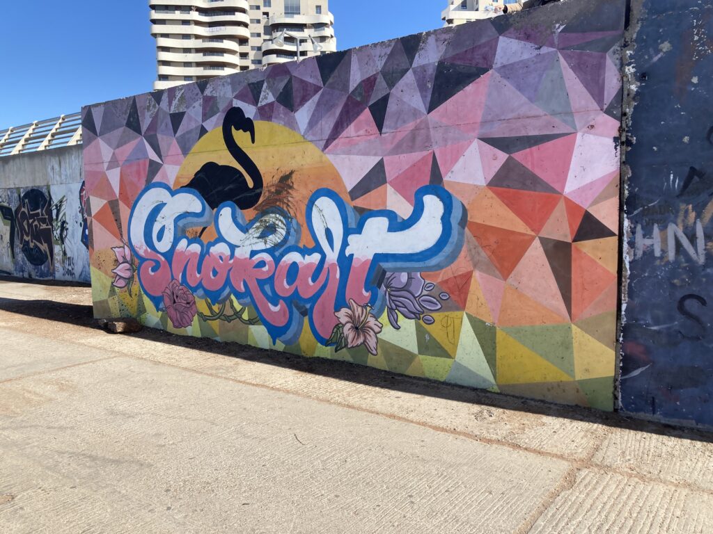 A view of street art at Marina Park near the Marina Mall and the Hassan II Mosque