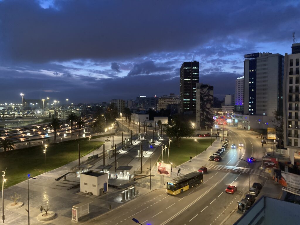 A nighttime view of the Casablanca skyline as seen from Boulevard des Almohad.