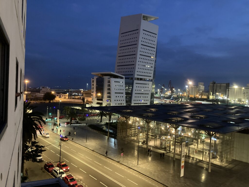 A nighttime view of the Casablanca skyline as seen from Boulevard des Almohad.