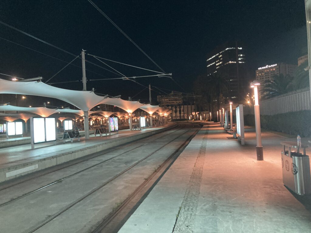 A view of the Casa Port train station before dawn