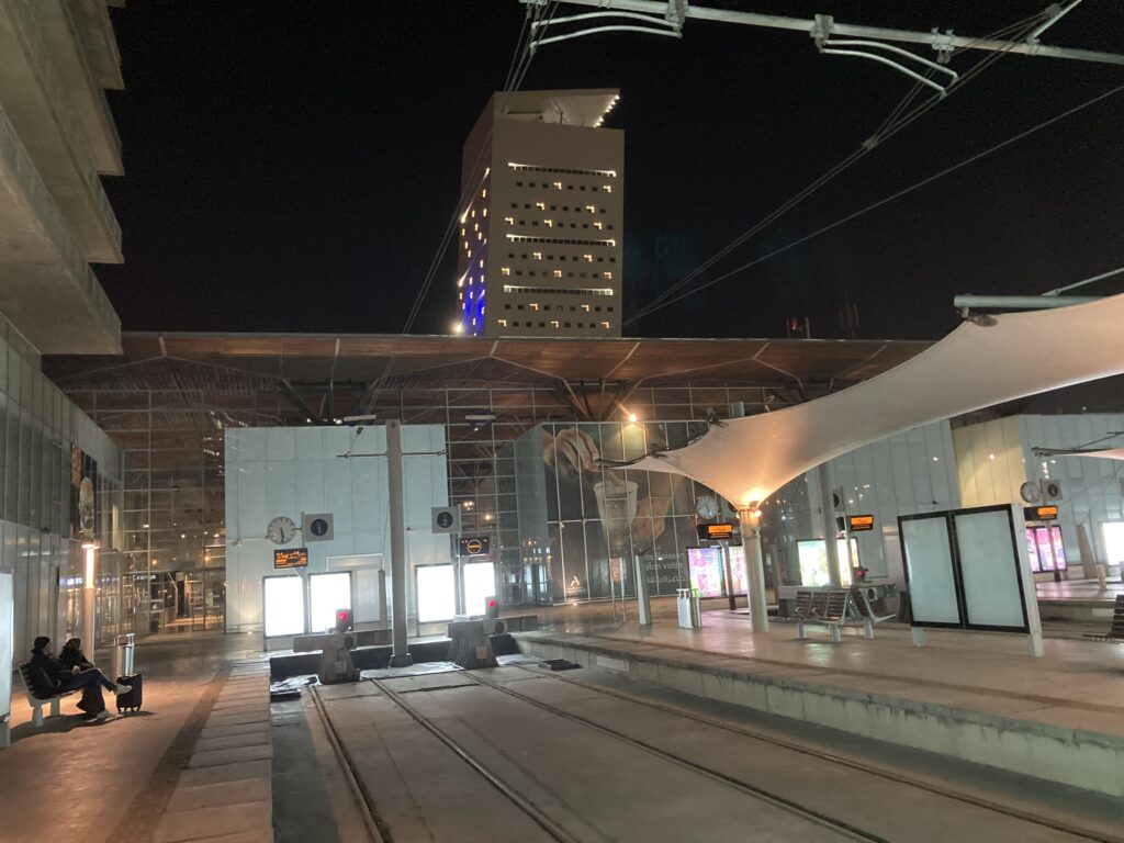 A view of the Casa Port train station before dawn