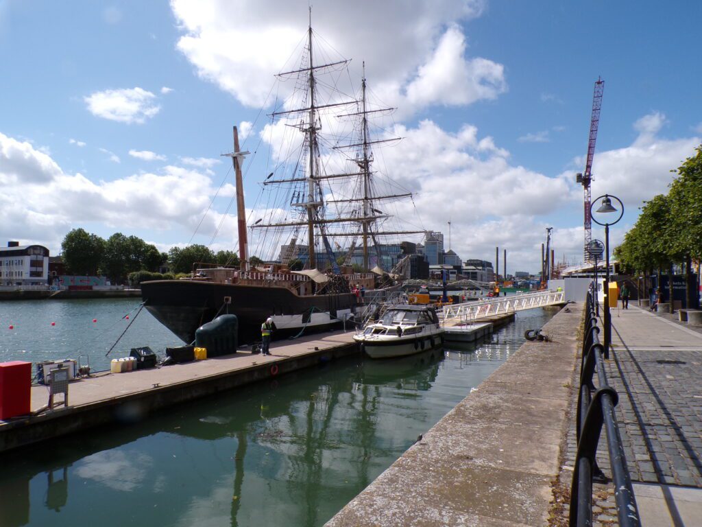 A scene in Dublin of the Jeanie Johnston replica ship that took Irish emigrants to America