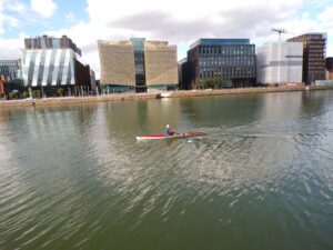 A view of a rower near the River Liffey in Dublin