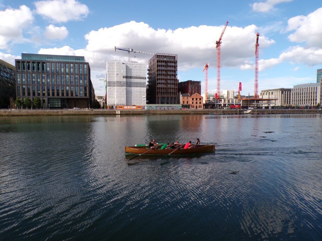 A view of a rowing crew near the River Liffey in Dublin