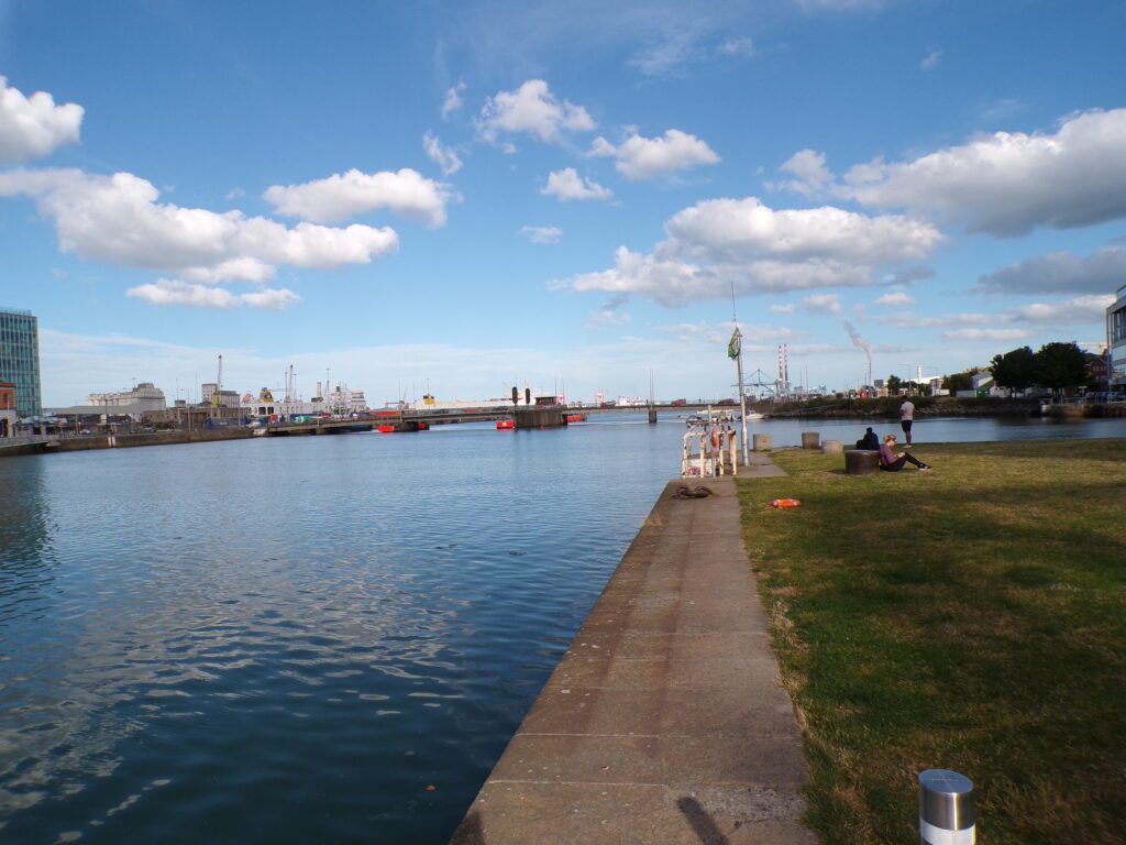 A view at Capital Dock Park in Dublin near the River Liffey and the River Dodder