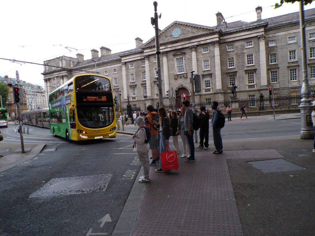 A view in front of the main gate at Trinity College in Dublin