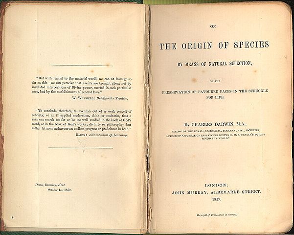 The 1859 cover of the Origin of Species by Charles Darwin.