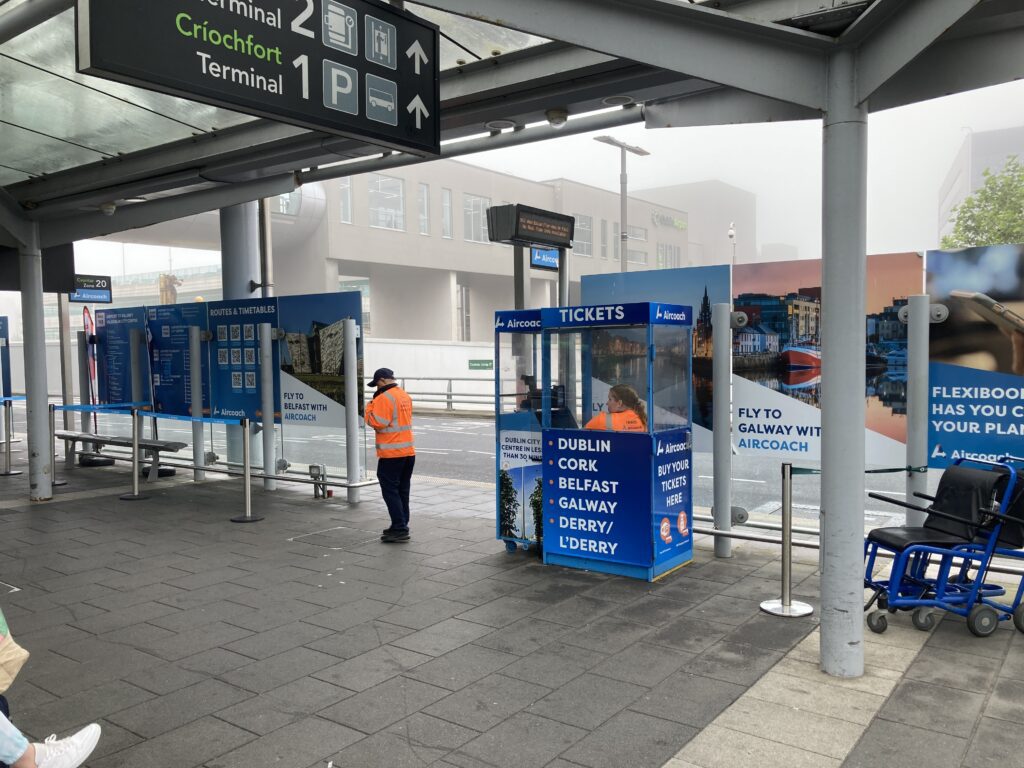 The departure area for shuttle buses to various areas around Ireland at Dublin Airport