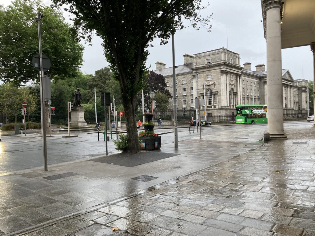 A view from Westmoreland Street of Trinity College in Dublin, Ireland