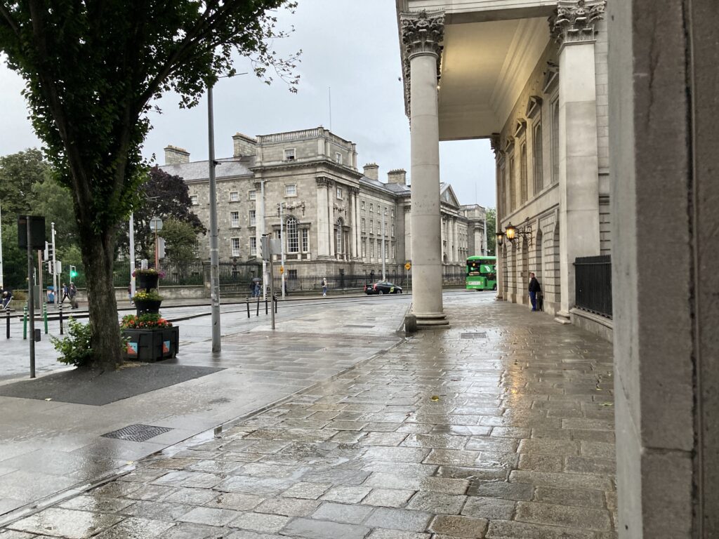 A view from Westmoreland Street of Trinity College in Dublin, Ireland