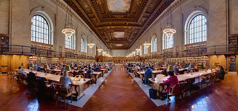 A panorama of a research room taken at the New York Public Library