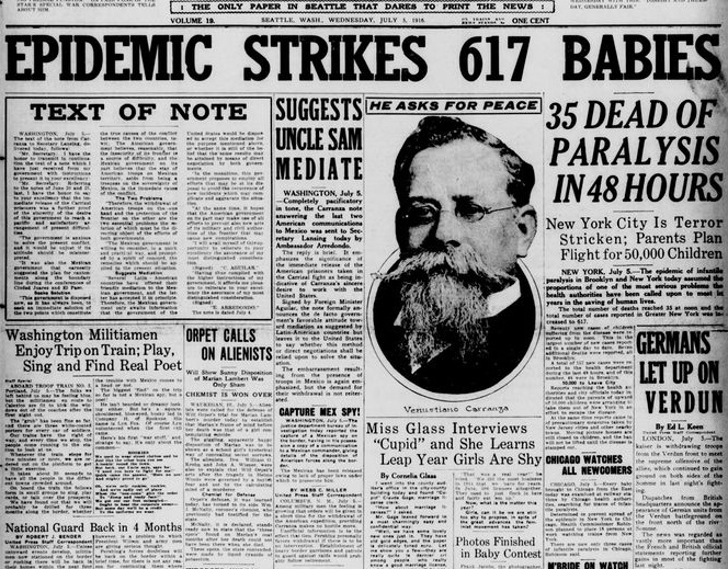 Epidemic strikes 617 Babies; 35 dead of paralysis in 48 hours; New York City Is Terror Stricken, Parents plan flight for 50,000 children - July 5, 1916